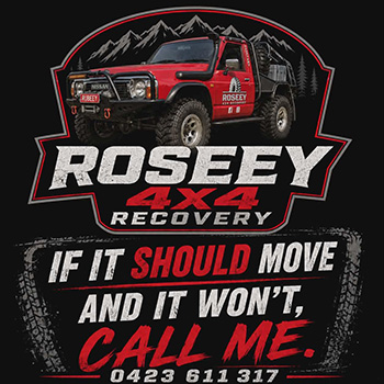 Roseey 4×4 Recovery badge: If it should move and it won’t, call me. Phone 0423 611 317.